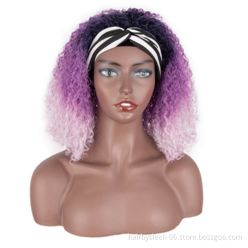 Mysterious purple fctory price short kinky curly braids Bouncy Curly Hair Glueless synthetic hair headband wig for balck woman